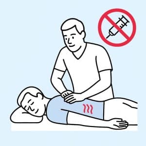 Osteopath behandelt Rücken, Spritze durchgestrichen