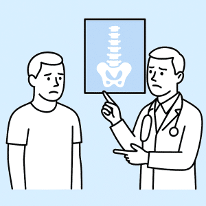 Arzt zeigt auf Röntgenbild und schüttelt den Kopf